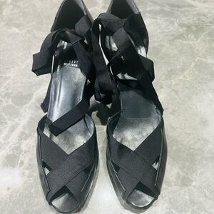 Stuart Weitzman Black Leather Peep-Toe Strappy Lace-Up Heels, Size 8B